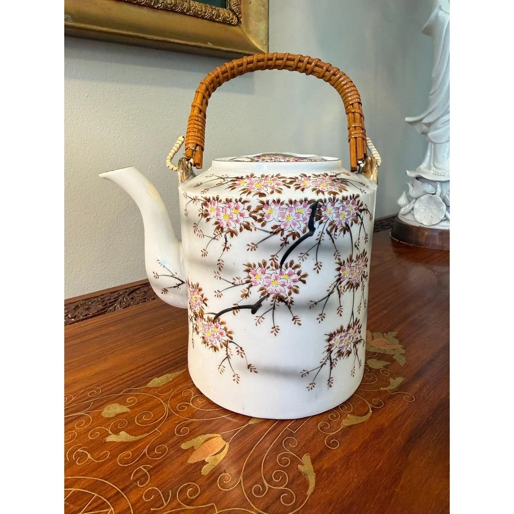 Vintage Cherry Blossom Teapot with Rattan Handle • Porcelain Floral Tea Pot‎